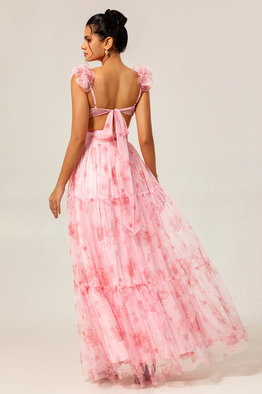 Blush Floral V-Neck Chiffon Long Wedding Guest Dress
