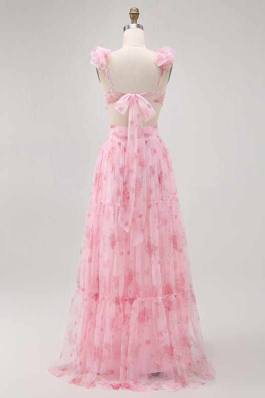 Blush Floral V-Neck Chiffon A-Line Long Wedding Guest Dress