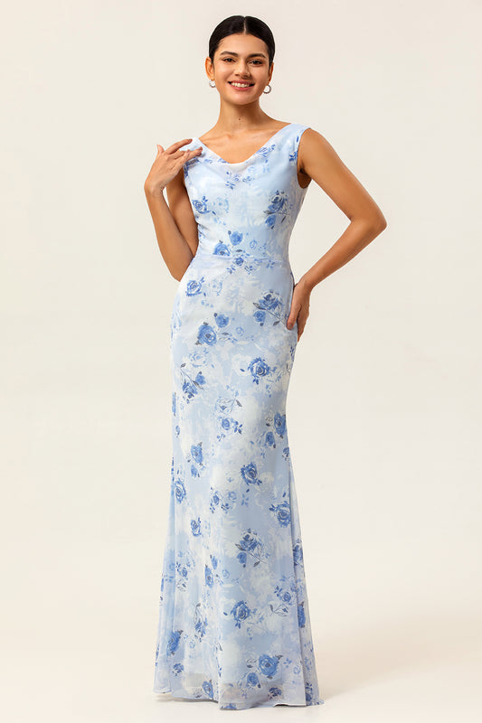 Blue Mermaid Chiffon Floral Long Wedding Guest Dress