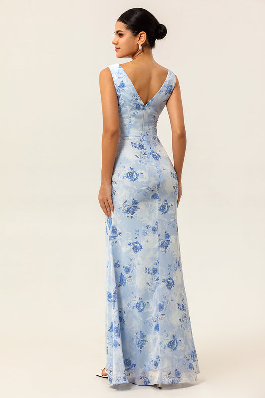 Blue Mermaid Chiffon Floral Long Wedding Guest Dress