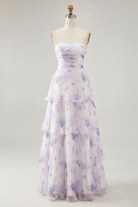 Lavender Floral Strapless Pleated Long Bridesmaid Dress with Ruffles