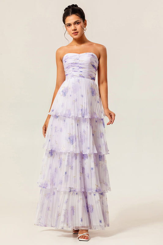 Lavender Floral A Line Long Pleated Bridesmaid Dress with Ruffles