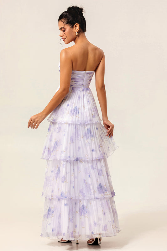 Lavender Floral A Line Long Pleated Bridesmaid Dress with Ruffles