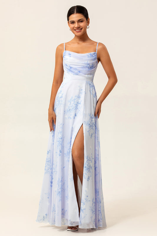 Blue Flower Chiffon Spaghetti Straps Long Bridesmaid Dress with Slit