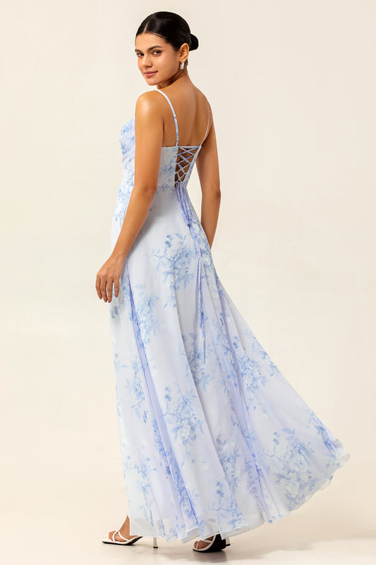 Blue Flower Chiffon Spaghetti Straps Long Bridesmaid Dress with Slit