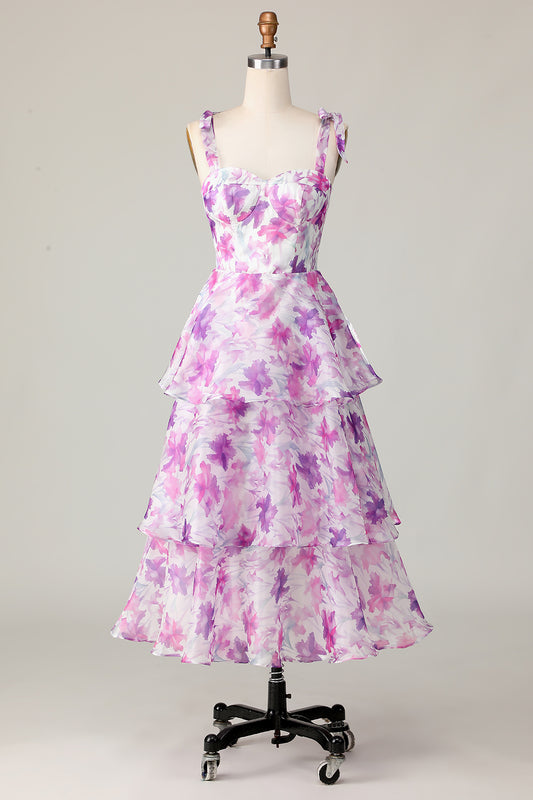 Purple Flower A Line Midi Wedding Guest Dress with Ruffles