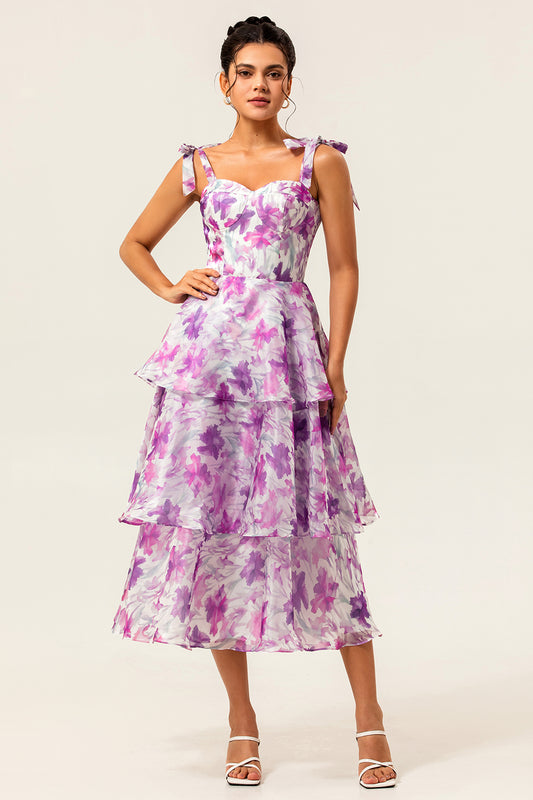 Purple Flower Ruffled A Line Midi Wedding Guest Dress