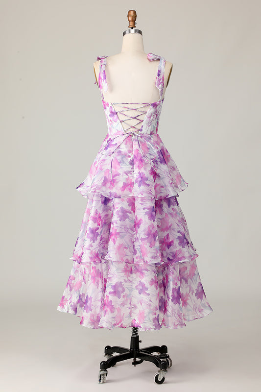 Purple Flower A Line Midi Wedding Guest Dress with Ruffles