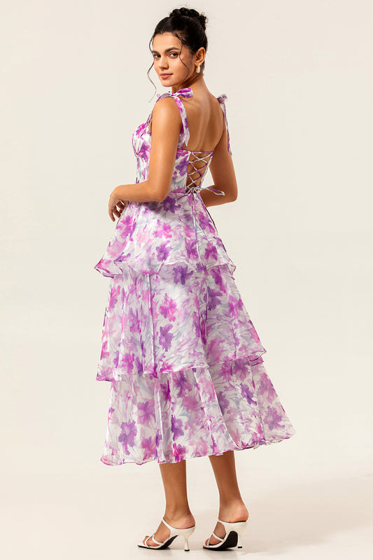 Purple Flower Ruffled A Line Midi Wedding Guest Dress