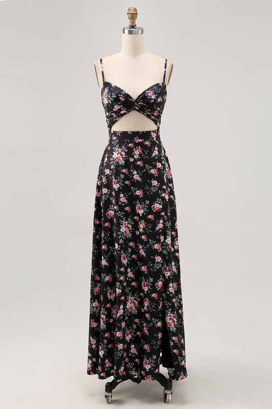 Black Floral Cut Out A Line Long Wedding Guest Dress with Slit