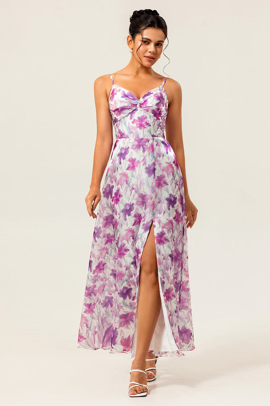 Purple Floral Chiffon Long Ruched Wedding Guest Dress with Slit