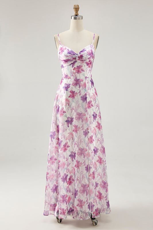 Purple Floral Chiffon Ruched Spaghetti Straps Long Wedding Guest Dress
