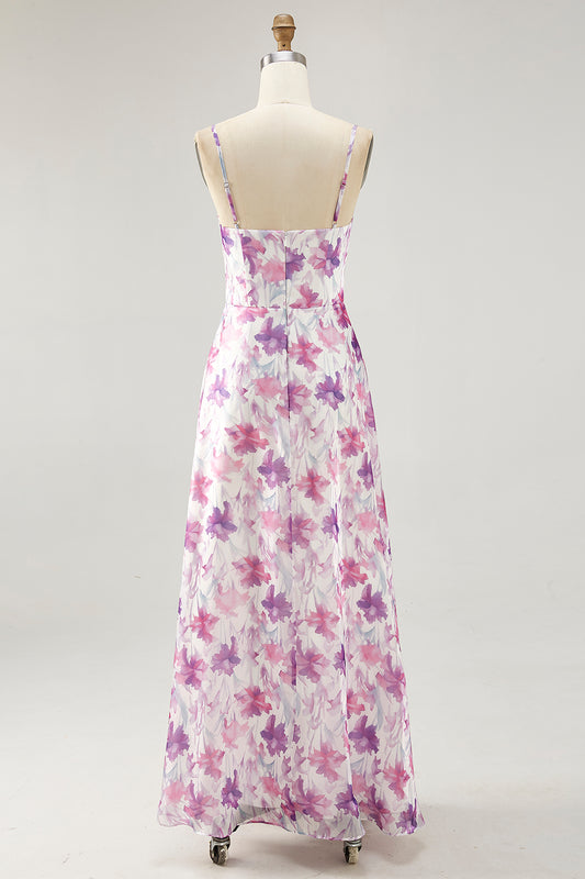 Purple Floral Chiffon Ruched Spaghetti Straps Long Wedding Guest Dress