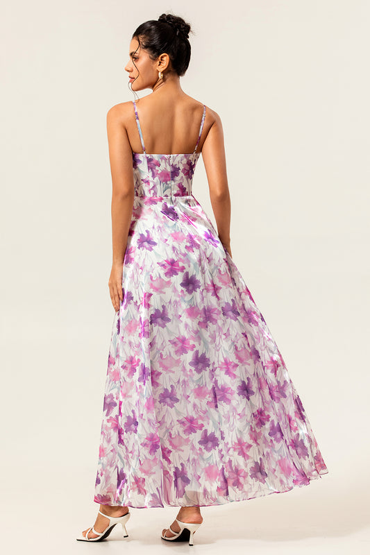 Purple Floral Chiffon Long Ruched Wedding Guest Dress with Slit