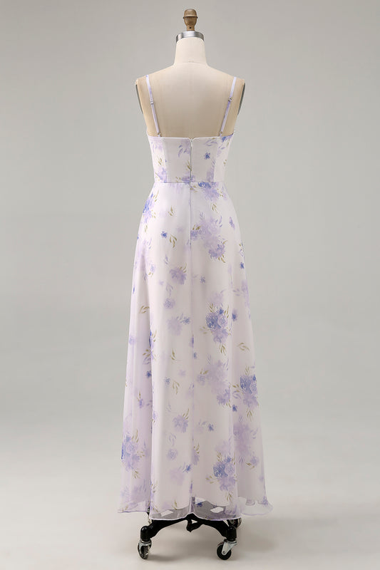 Lavender Floral Cut Out Ruched Long Wedding Guest Dress with Slit