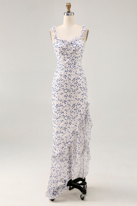 Blue Floral Chiffon Asymmetrical Wedding Guest Dress with Ruffles