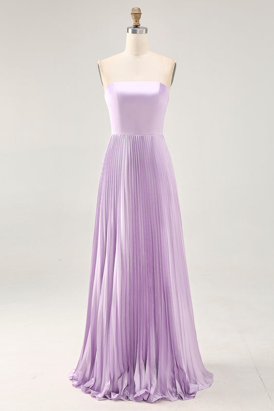 Lilac Strapless A Line Long Bridesmaid Dress with Pleats