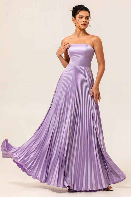 Lilac Strapless Pleated Long A Line Bridesmaid Dress