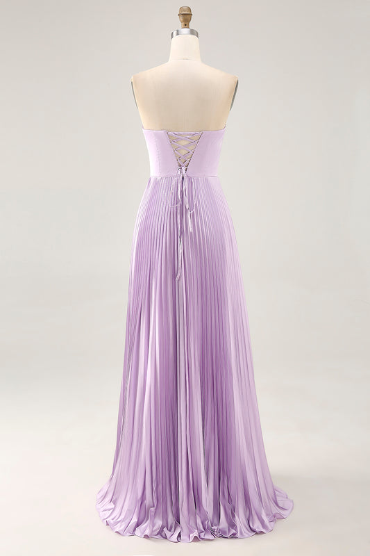 Lilac Strapless A Line Long Bridesmaid Dress with Pleats