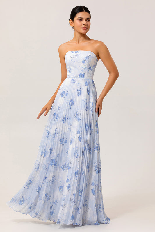 Blue Strapless Floral Chiffon Long Wedding Guest Dress with Pleats