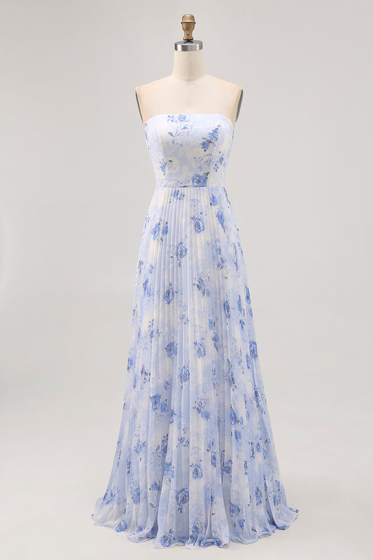 Blue Floral Chiffon Strapless Long Wedding Guest Dress with Pleats