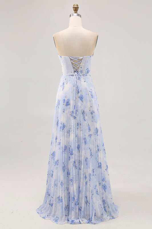 Blue Floral Chiffon Strapless Long Wedding Guest Dress with Pleats