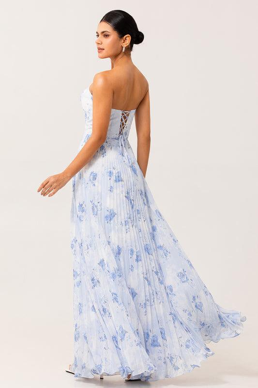 Blue Strapless Floral Chiffon Long Wedding Guest Dress with Pleats