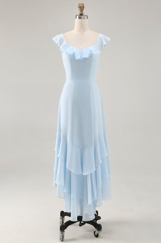Sky Blue Chiffon Tiered Asymmetrical Bridesmaid Dress with Ruffles