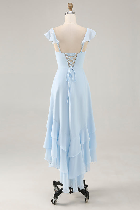 Sky Blue Chiffon Tiered Asymmetrical Bridesmaid Dress with Ruffles