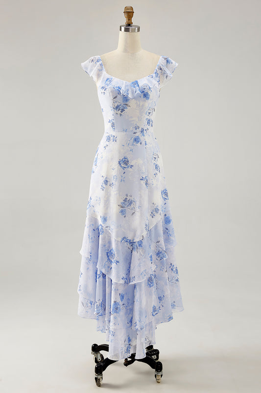 Blue Floral Tiered Chiffon Asymmetrical Wedding Guest Dress with Ruffles