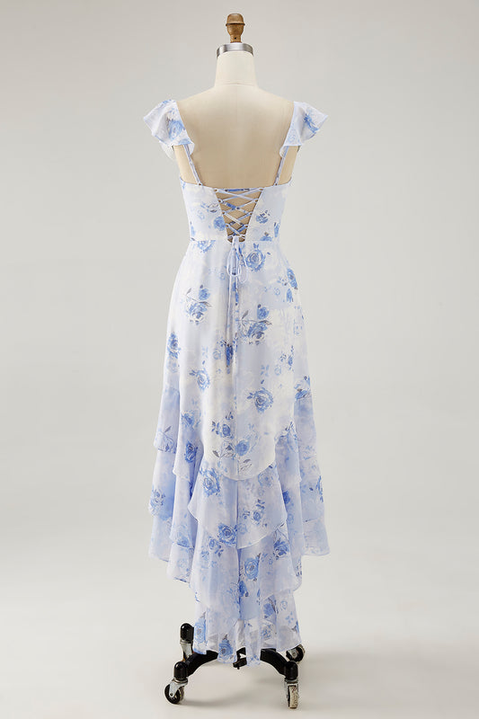 Blue Floral Tiered Chiffon Asymmetrical Wedding Guest Dress with Ruffles