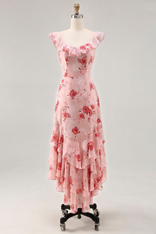 Pink Floral Chiffon Tiered Asymmetrical Wedding Guest Dress with Ruffles
