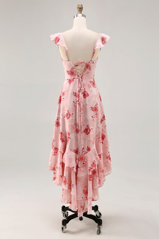 Pink Floral Chiffon Tiered Asymmetrical Wedding Guest Dress with Ruffles