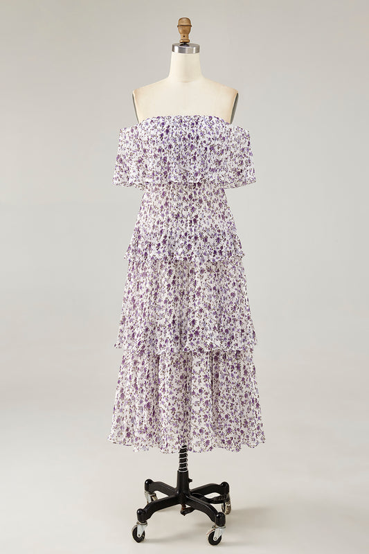 Purple Floral Chiffon Tiered Long Wedding Guest Dress with Ruffles