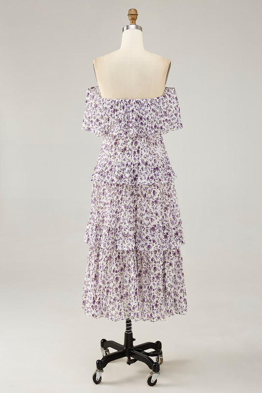 Purple Floral Chiffon Tiered Long Wedding Guest Dress with Ruffles