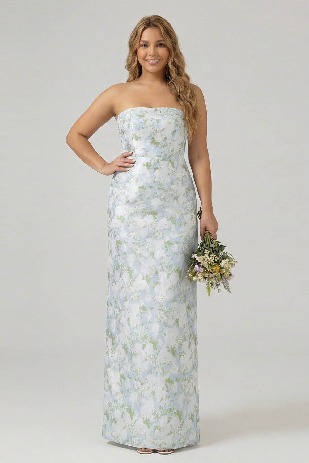 Zapakasa Women Plus Size White and Blue Floral Long Strapless Wedding Guest Dress Satin Sheath Bridesmaid Dress with Slit