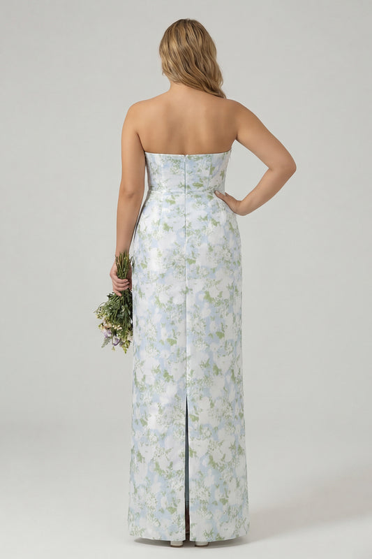 Plus Size White and Blue Floral Strapless Sheath Satin Long Wedding Guest Dress