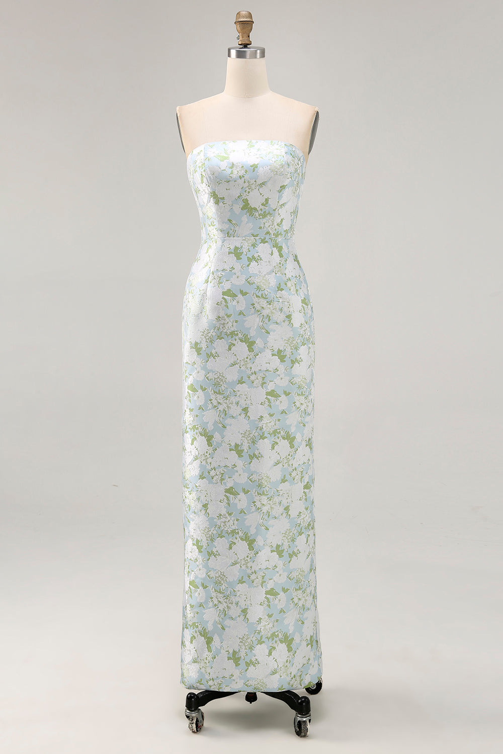 Zapakasa Women White and Blue Strapless Floral Long Wedding Guest Dress Sheath Satin Bridesmaid Dress with Slit Zapakasa Women White and Blue Strapless Floral Long Wedding Guest Dress Sheath Satin Bridesmaid Dress with Slit