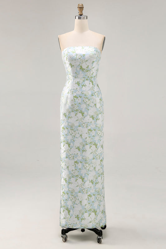 White and Blue Sheath Strapless Satin Floral Long Wedding Guest Dress