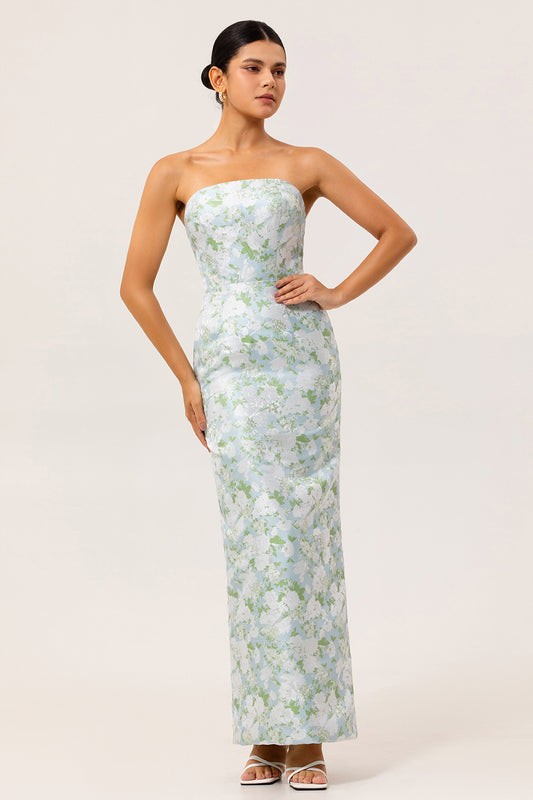 White and Blue Floral Strapless Sheath Satin Long Wedding Guest Dress