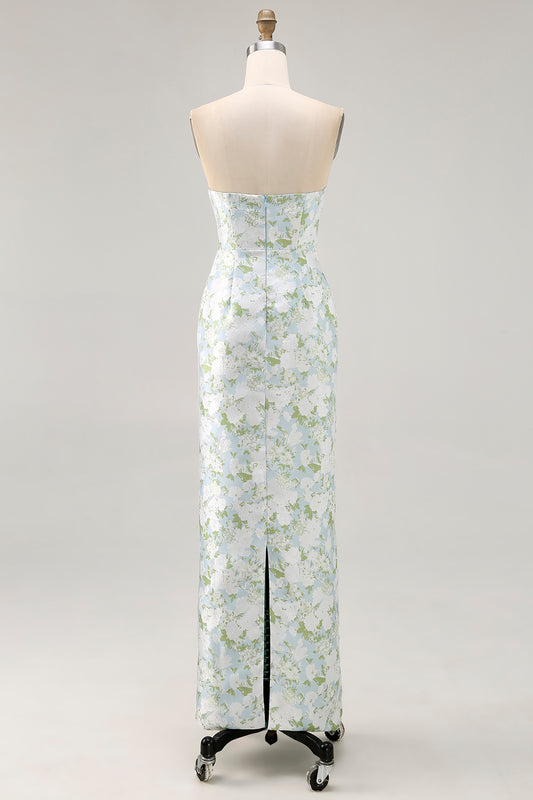 White and Blue Sheath Strapless Satin Floral Long Wedding Guest Dress