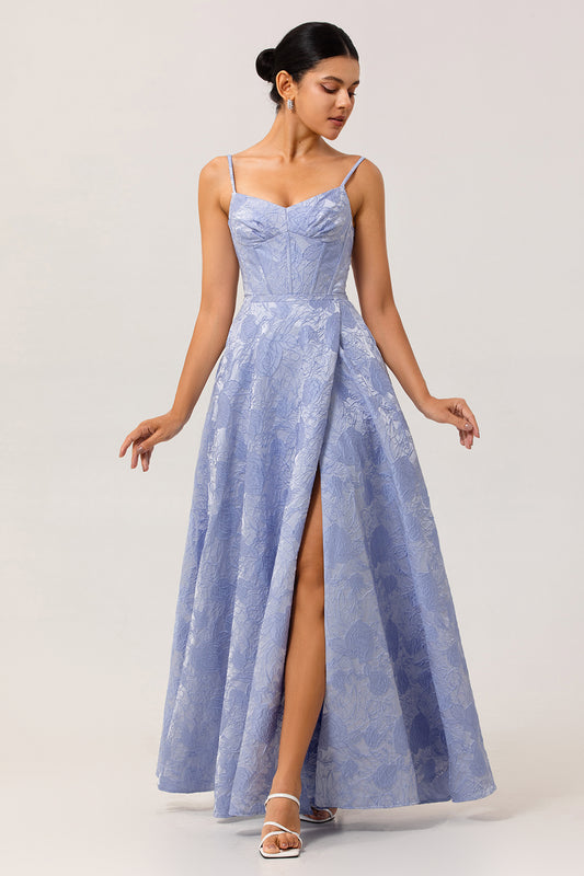 Blue Floral Corset A Line Jacquard Long Wedding Guest Dress with Slit