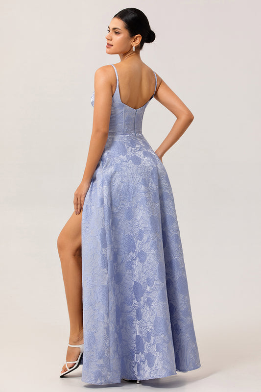 Blue Floral Corset A Line Jacquard Long Wedding Guest Dress with Slit