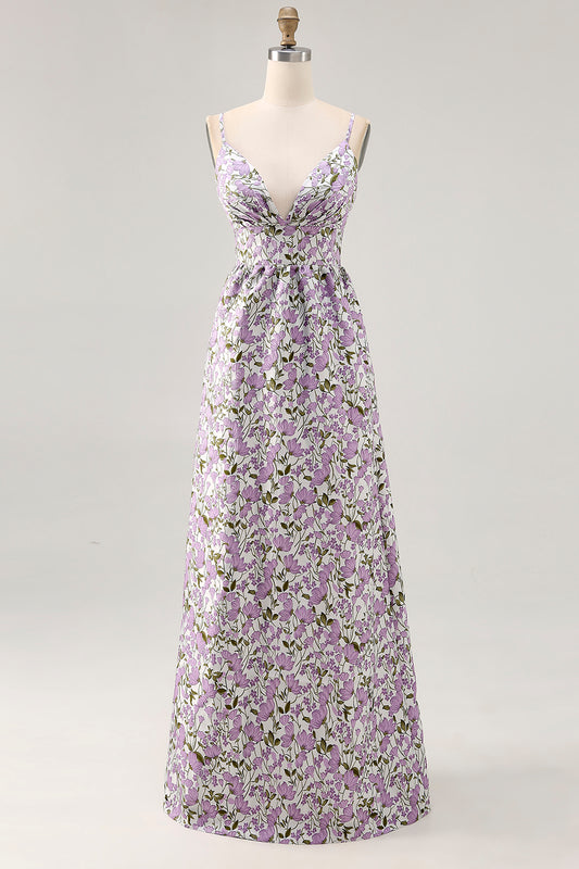 Purple Floral Ruched Spaghetti Straps Long Wedding Guest Dress