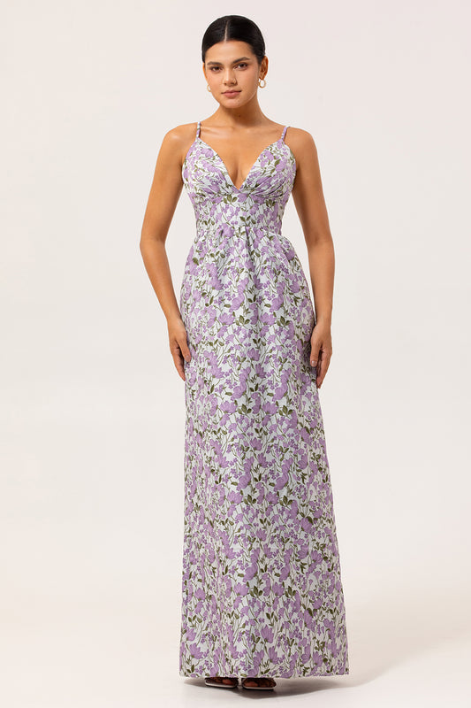 Purple Ruched Spaghetti Straps Floral Long Wedding Guest Dress
