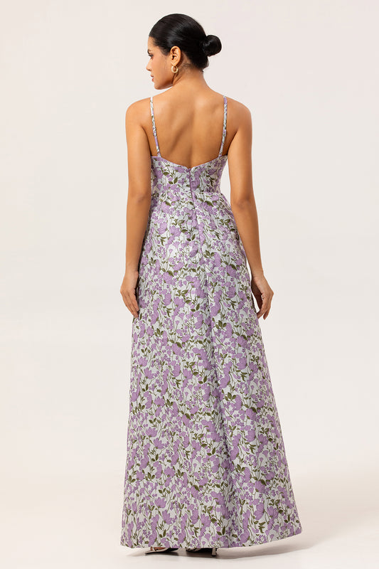 Purple Ruched Spaghetti Straps Floral Long Wedding Guest Dress