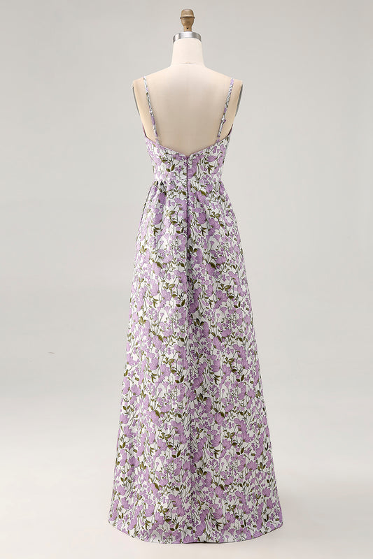 Purple Floral Ruched Spaghetti Straps Long Wedding Guest Dress