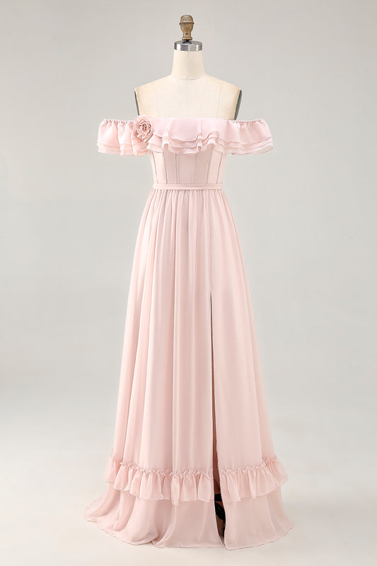 Blush Corset Floral Ruffled Long Bridesmaid Dress with Bow