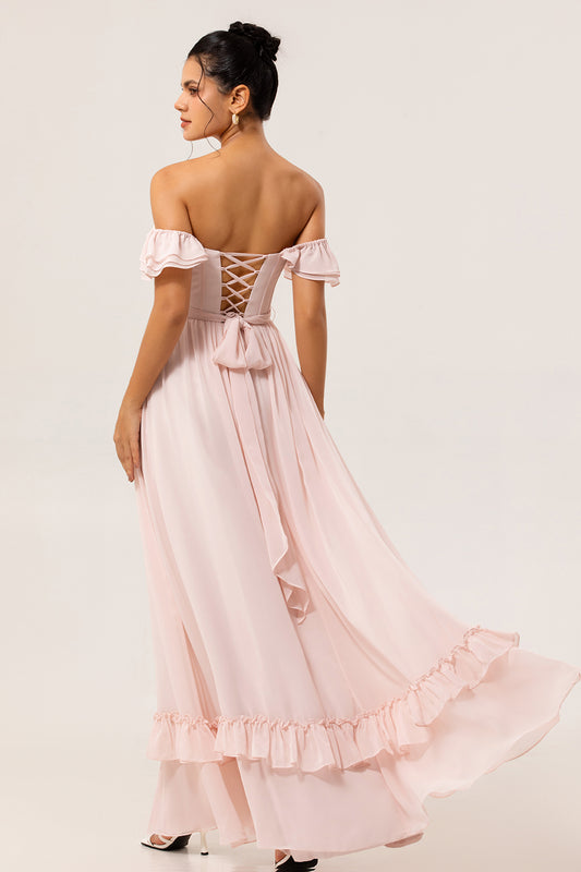 Blush Floral Corset Long Ruffled Bridesmaid Dress with Bow
