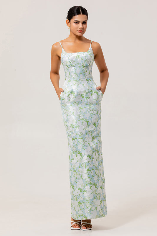 White Sage Floral Sheath Long Bridesmaid Dress with Pockets
